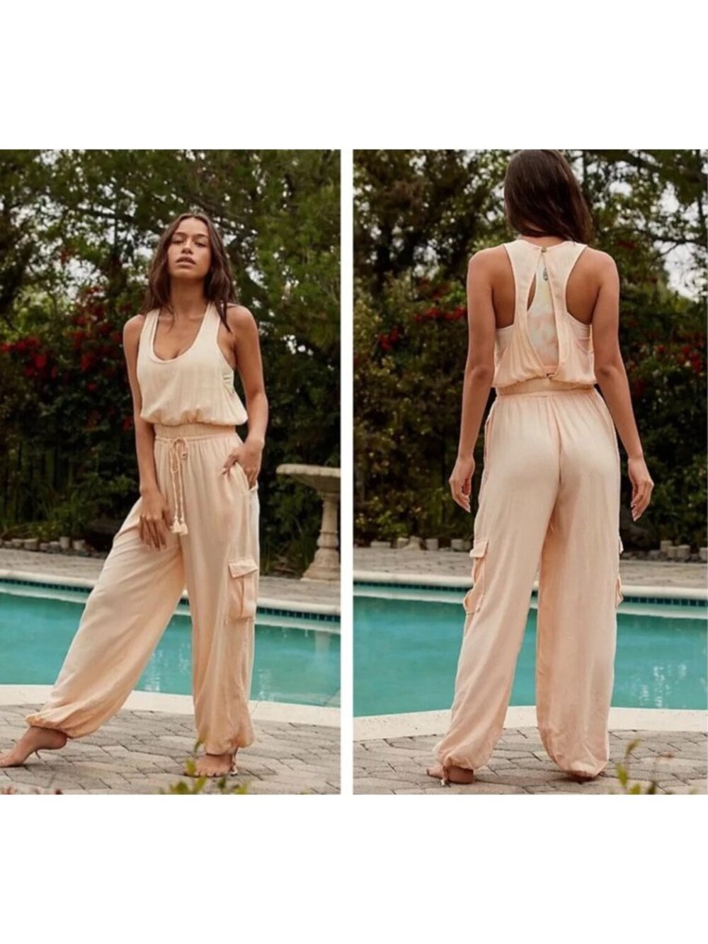 Free People Cargo Jumpsuit Endless Summer Esperanza Sleeveless Back Keyhole Sz S